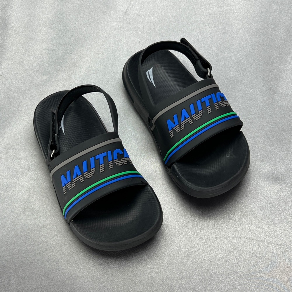 Nautica Kids Size 10 Slide Sandals Black Adjustable Heel Strap Blue Green Logo